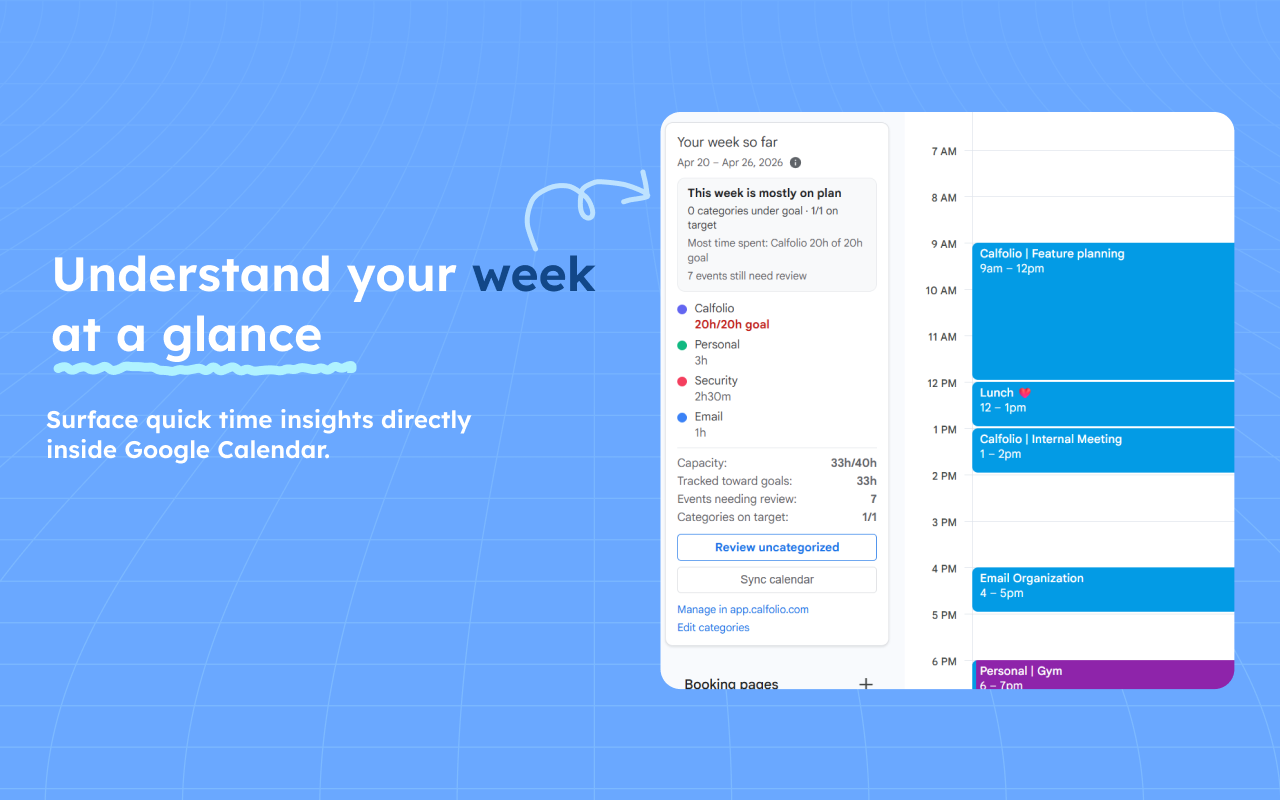 Calfolio Chrome extension showing category and details inside Google Calendar