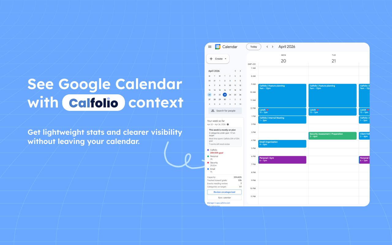 Calfolio Chrome extension quick actions on a Google Calendar event