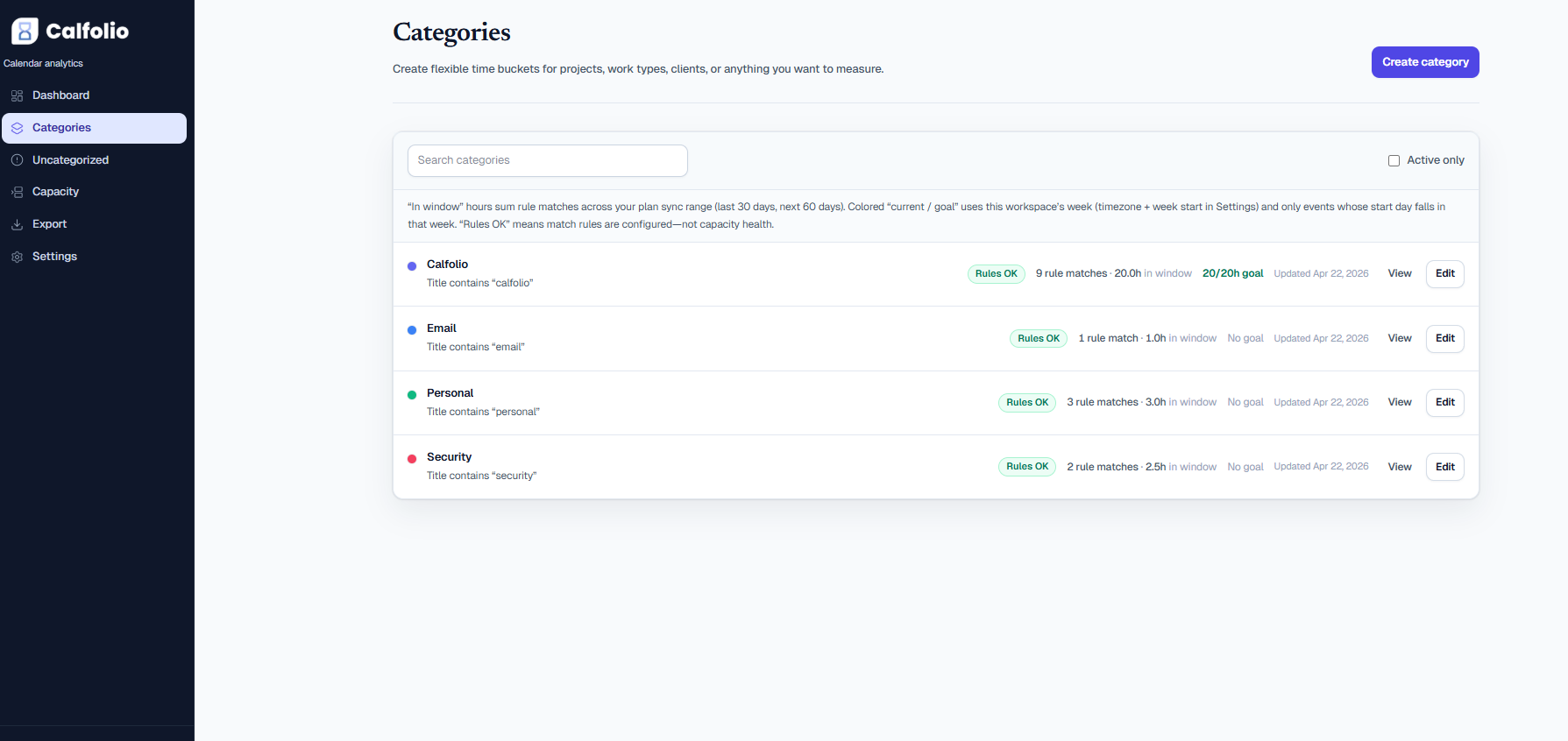 Calfolio calendar inclusion and analytics scope settings