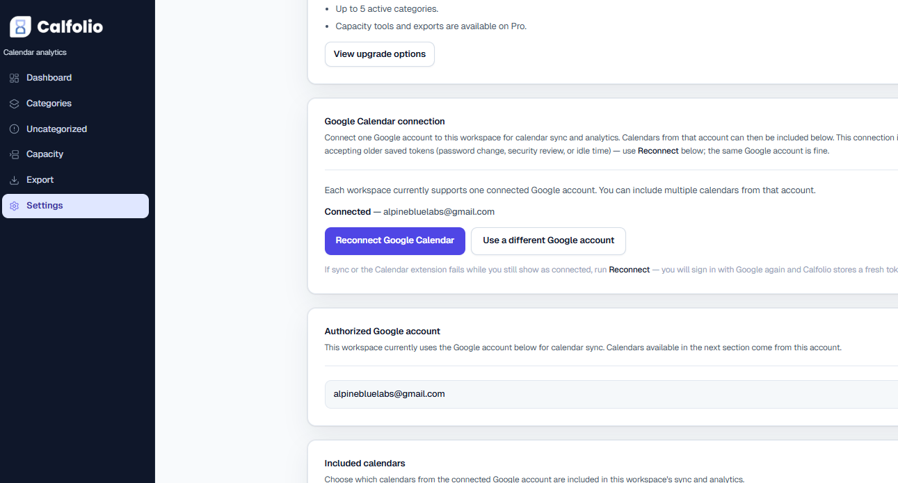 Calfolio workspace settings for members and connected Google calendars